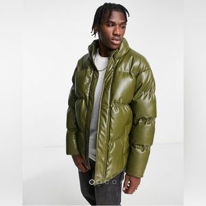 Urbancode faux leather puffer jacket in khaki